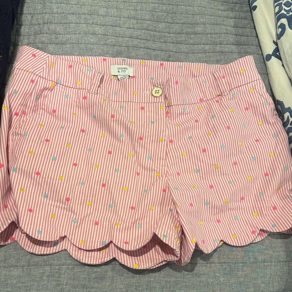 Crown & Ivy Pink And White Striped Shorts with Multicolor Dots